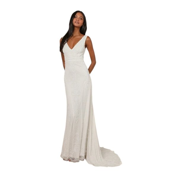 Lulu's Dresses & Skirts - Lulus White Mermaid Beaded Wedding Dress NWT Size Small Sequined Wedding Gown